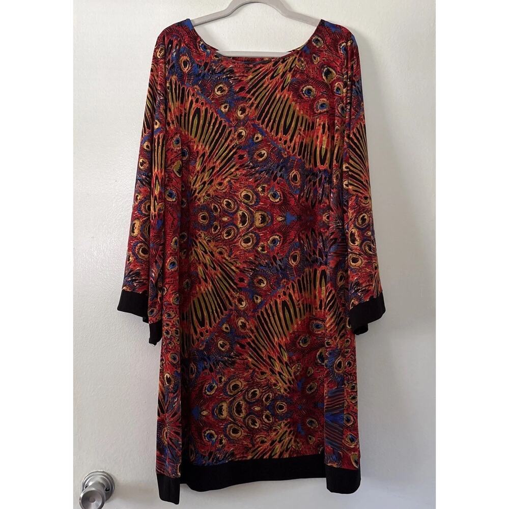 Soho Apparel Ltd Dress 2X XXL Peacock Print Art to Wear Red Blue Bell Sleeves